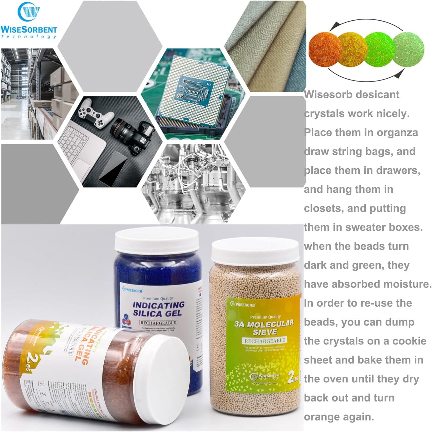 Wisesorb Silica Gel Indicating Beads 900g – Orange to Dark Green, Reusable Desiccant